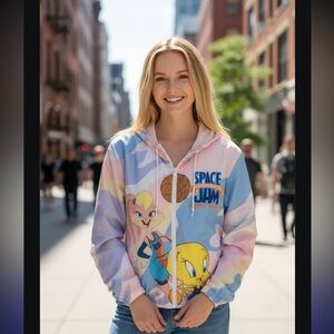 NWOT Members Only Pink and Blue Cartoon Hoodie Windbreaker